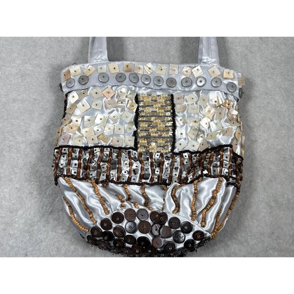 Handcrafted Statement Silver Satin Purse with Buttons & Beads Embellishments - Picture 15 of 16